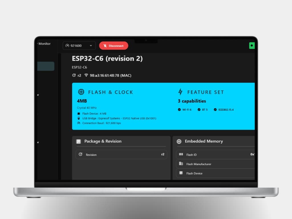 Antigravity Monitor — ESP32-C6 connected in the browser